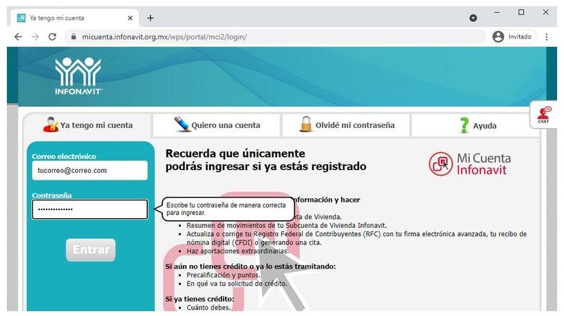 Ingresar email y contraseña para acceder a la cuenta Infonavit